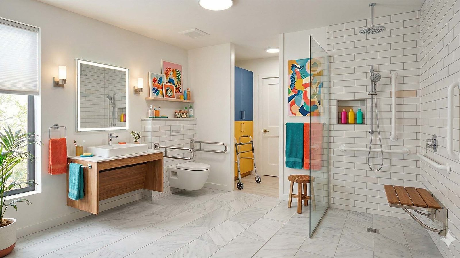 ADA bathroom remodeling with accessible shower grab bars and wide layout design