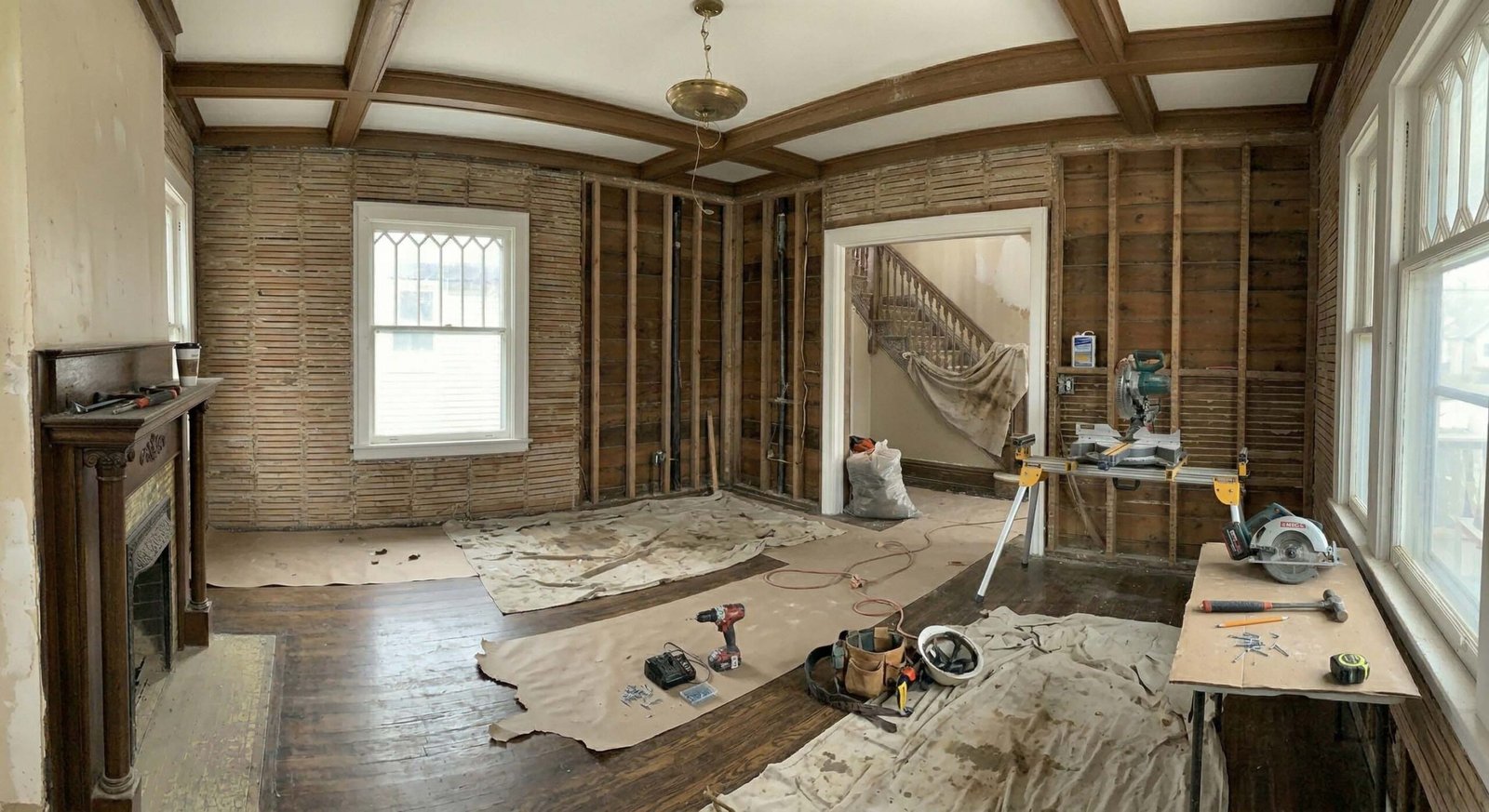Home restoration project with exposed framing and interior structural repair work