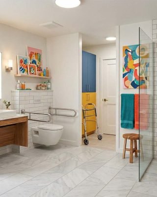 ADA bathroom remodeling with accessible shower grab bars and wide layout design